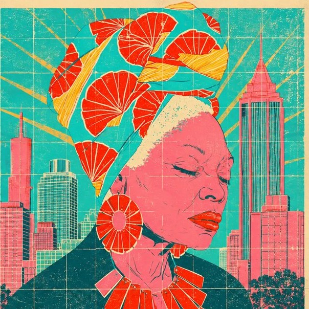 Screenprint poster illustration of a Black elder woman in a patterned headwrap, eyes closed, framed by the Atlanta skyline and sunburst rays